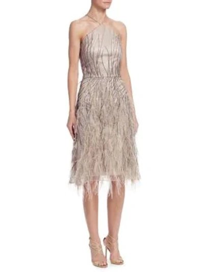 David Meister Sequin & Feather Halter Cocktail Dress In Champagne