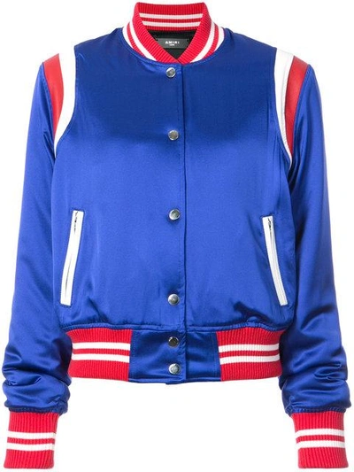Amiri Leather-trimmed Silk-satin Bomber Jacket In Blue