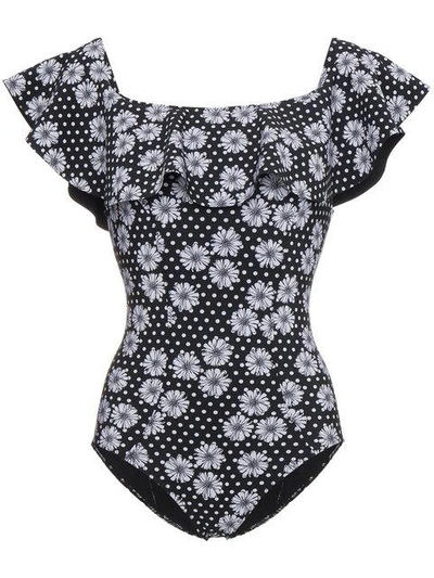 Lisa Marie Fernandez Mira Off-the-shoulder Ruffled Printed Bonded Swimsuit In Black