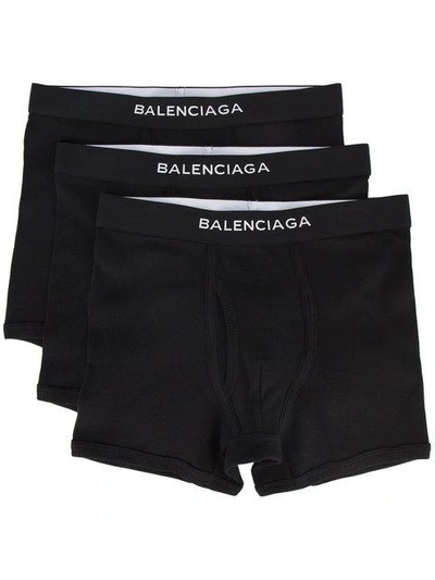 Balenciaga Set Of Three Logo-embroidered Cotton Boxer Trunks In Black