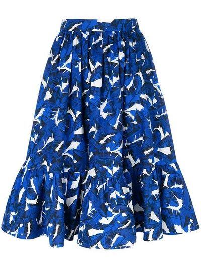 Msgm Palm-print Pleated Midi Skirt In Blue
