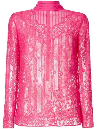 Valentino High-neck Chantilly-lace Blouse In 0ho Shadow Pink