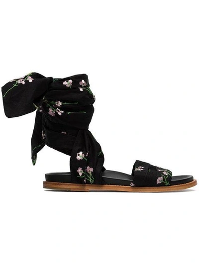 Marques' Almeida Floral Embroidered Flat Wrap Sandals In Black