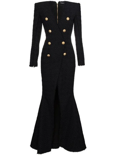 Balmain Deep-v Double-breasted Front-slit Tweed Evening Gown In Black