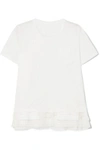 SACAI LACE, PLEATED POPLIN AND SATIN-TRIMMED COTTON-JERSEY T-SHIRT