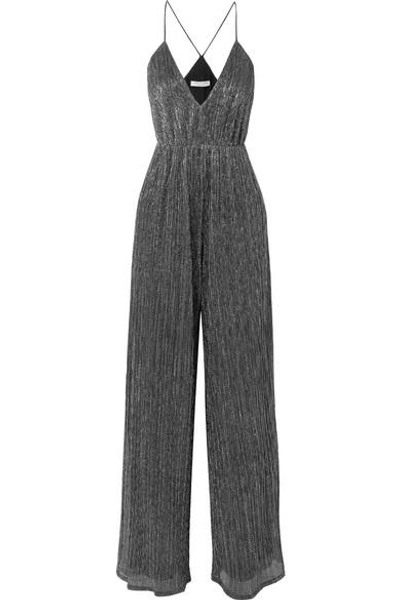 Halston Heritage Plissé Metallic Knitted Jumpsuit In Anqique Silver