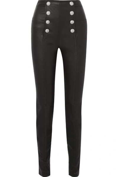 Balmain Button-embellished Leather Skinny Trousers In Black