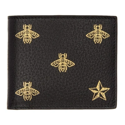 Gucci Gold-foil Bumblee And Star Print Leather Bifold Wallet In Black