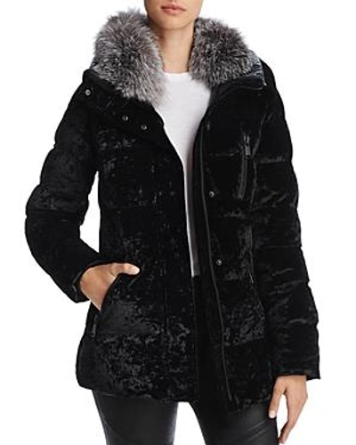Andrew Marc Vara Fox Fur Trim Velvet Down Coat In Black