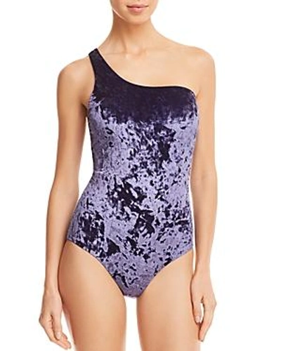 Red Carter One-shoulder Crushed Velvet One-piece Maillot Swimsuit In Navy