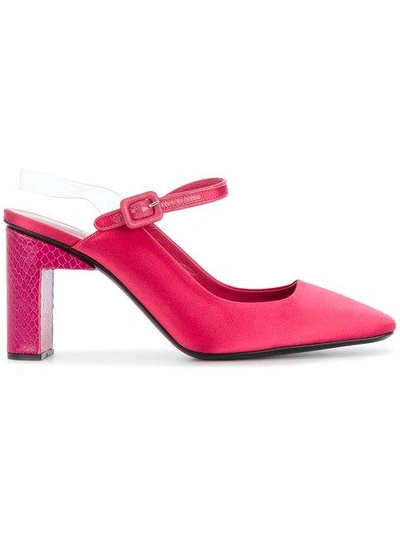 Alyx Pink Satin Squared Pointy Heels In Fuchsia