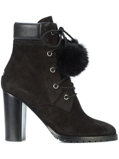 Jimmy Choo Elba 95 Black Suede Boots With Fur Pom Poms