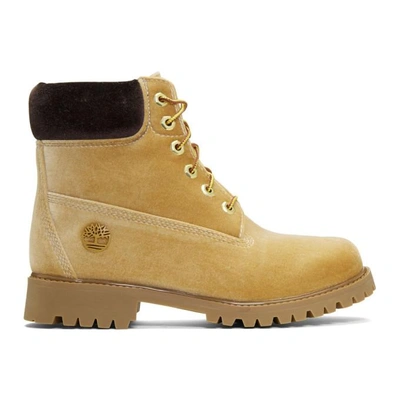 Off-white Timberland Logo-embossed Velvet Ankle Boots In Camel