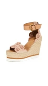 See By Chloé Leather And Embroidered Suede Espadrille Wedge Sandals In Open Pink