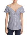 Theory Hartman Cold-shoulder Striped Cotton-poplin Top In Blue/white