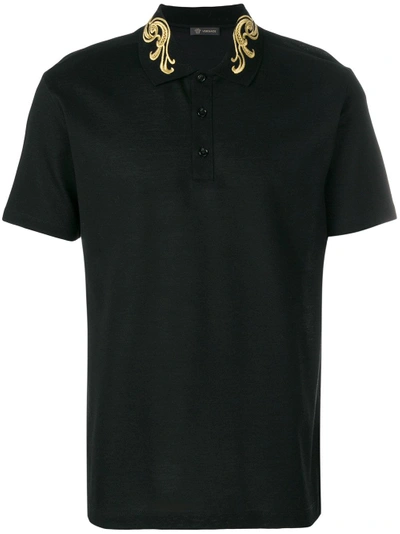 Versace Barrrocco Medusa Embroidered Polo In Black Gold