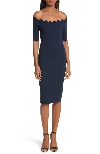 Milly Scalloped Off The Shoulder Sheath Dress In Navy