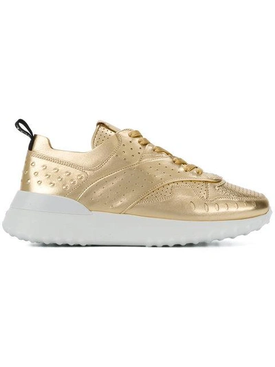 Tod's Metallic Perforated Sneakers In Gold