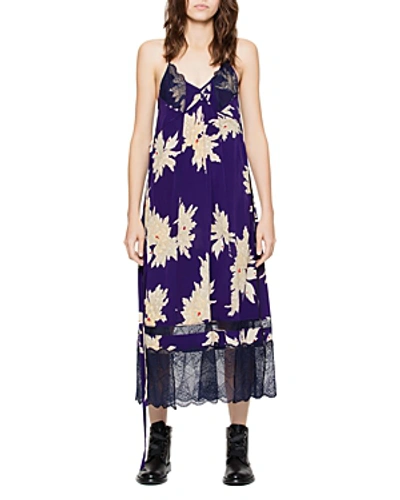 Zadig & Voltaire Roses Blossom Printed Silk Dress With Lace In Purple
