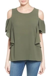 Bobeau Cold Shoulder Ruffle Sleeve Top In Olive Sarma