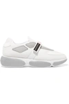 PRADA CLOUDBUST LOGO-EMBOSSED RUBBER AND LEATHER-TRIMMED MESH SNEAKERS