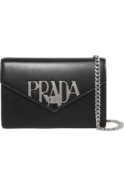Prada Logo Liberty Leather Shoulder Bag In Black