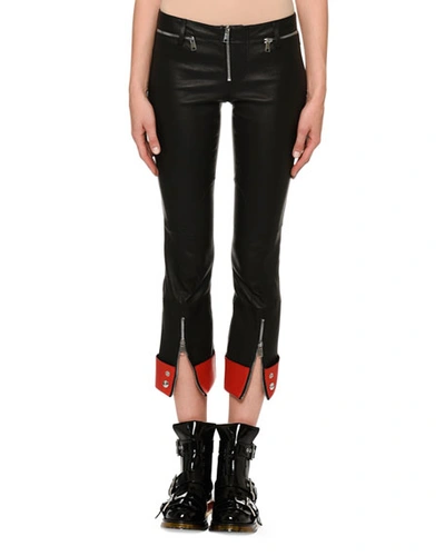 Alexander Mcqueen Cropped Two-tone Leather Slim-leg Pants In Black/lust Red