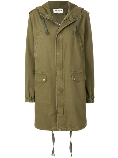 Saint Laurent Long Parka In Khaki Cotton Gabardine And Linen In Green