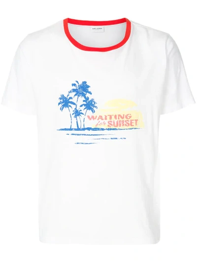 Saint Laurent Waiting For Sunset Cotton Jersey T-shirt In White,blue,red