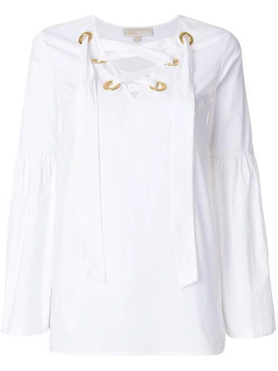 Michael Michael Kors Lace-up Stretch Cotton-poplin Blouse In White