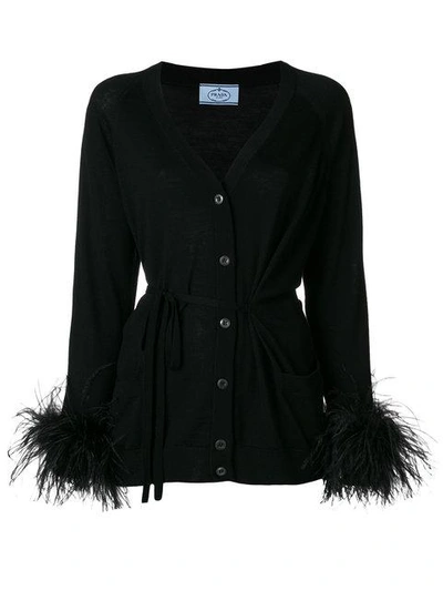 Prada V-neck Feather-embellished Wool Cardigan In Black