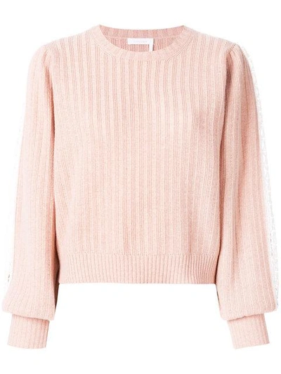 See By Chloé Ribbed Pullover Sweater W/ Lace-trim Sleeves In Cameo Rose