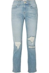 FRAME LE BOY CROPPED DISTRESSED HIGH-RISE STRAIGHT-LEG JEANS