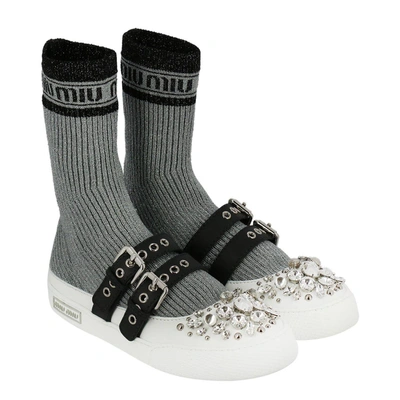 Miu Miu Lurex Knit Hi-top Sneakers In Argento+nero (black)