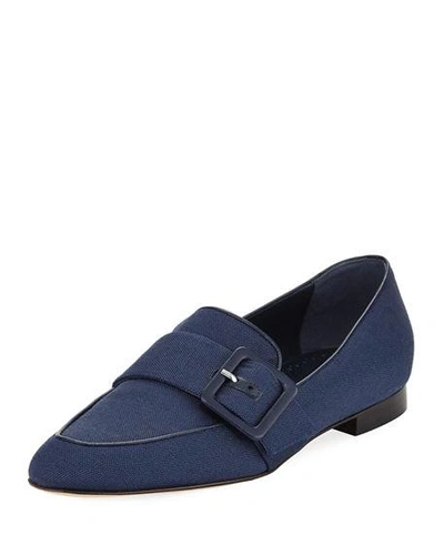 Manolo Blahnik Teno Flat Loafer With Buckle Strap In Blue