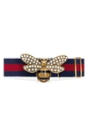 GUCCI EMBELLISHED BEE CLASP WEB STRIPE BELT,453277HGW2T