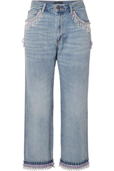 Marc Jacobs Cropped Bead-embellished Boyfriend Jeans In Blue