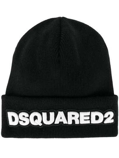 Dsquared2 Logo Patch Ribbed Beanie In Black