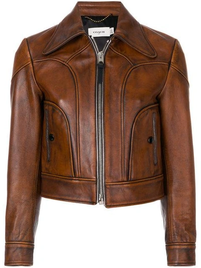 Coach Landscape Leather Jacket In Brown - Size 02 In Dark Teak