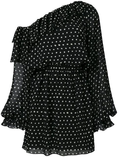 Saint Laurent Polka-dot Print One-shoulder Georgette Dress In Bianco-nero