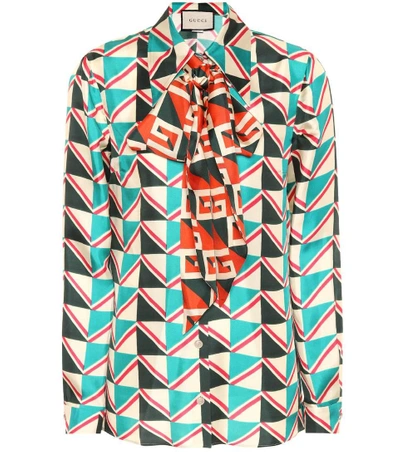 Gucci Geometric Print Blouse With Pussy Bow In Green/multicolor