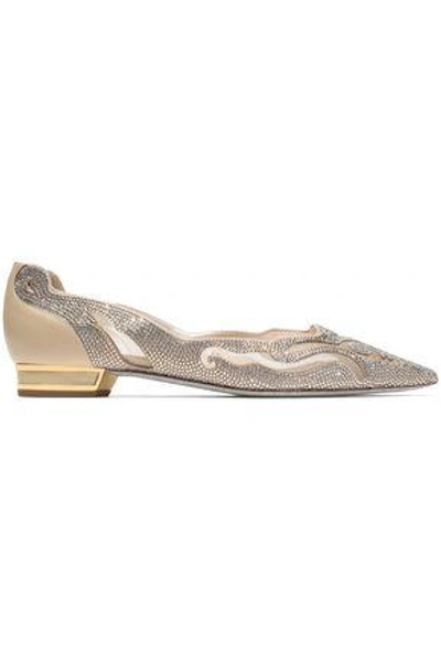René Caovilla Crystal-embellished Leather And Mesh Point-toe Flats In Gold