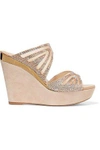 RENÉ CAOVILLA WOMAN EMBELLISHED MESH AND SUEDE WEDGE SANDALS BEIGE,US 4772211931985115