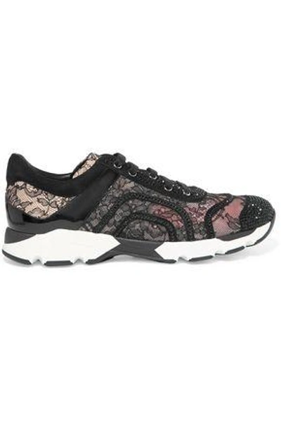 René Caovilla Woman Patent Leather-paneled Embellished Lace And Suede Trainers Black