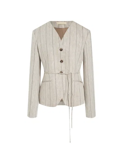 12 Storeez Aurelia Pinstriped Linen Jacket In 그레이