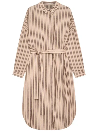 12 Storeez Belted Striped Linen Shirtdress In Brown