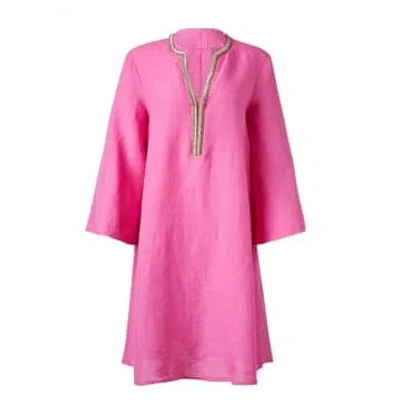 120 Linen Embellished V Neck Wide Sleeve Dress Size: 8, Col: Pink