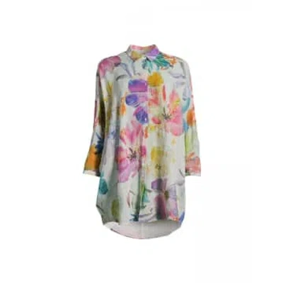 120 Linen Floral 3/4 Sleeve High Low Long Shirt Size: Xs, Col: Multi