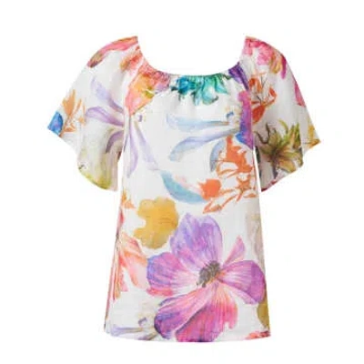 120 Linen Floral Short Sleeve Bardot Top Size: 8, Col: Multi In Pink