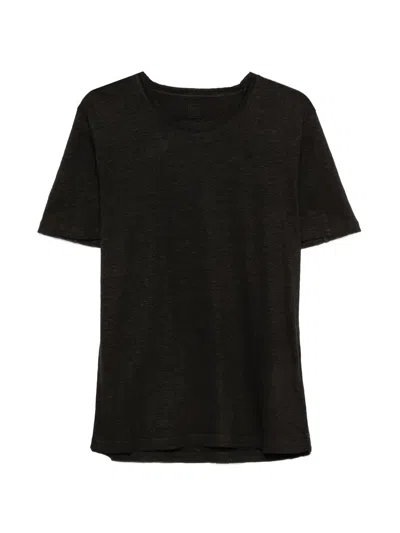 120% Lino 100% Linen Crew Neck T-shirt With Embroidered Logo In Black